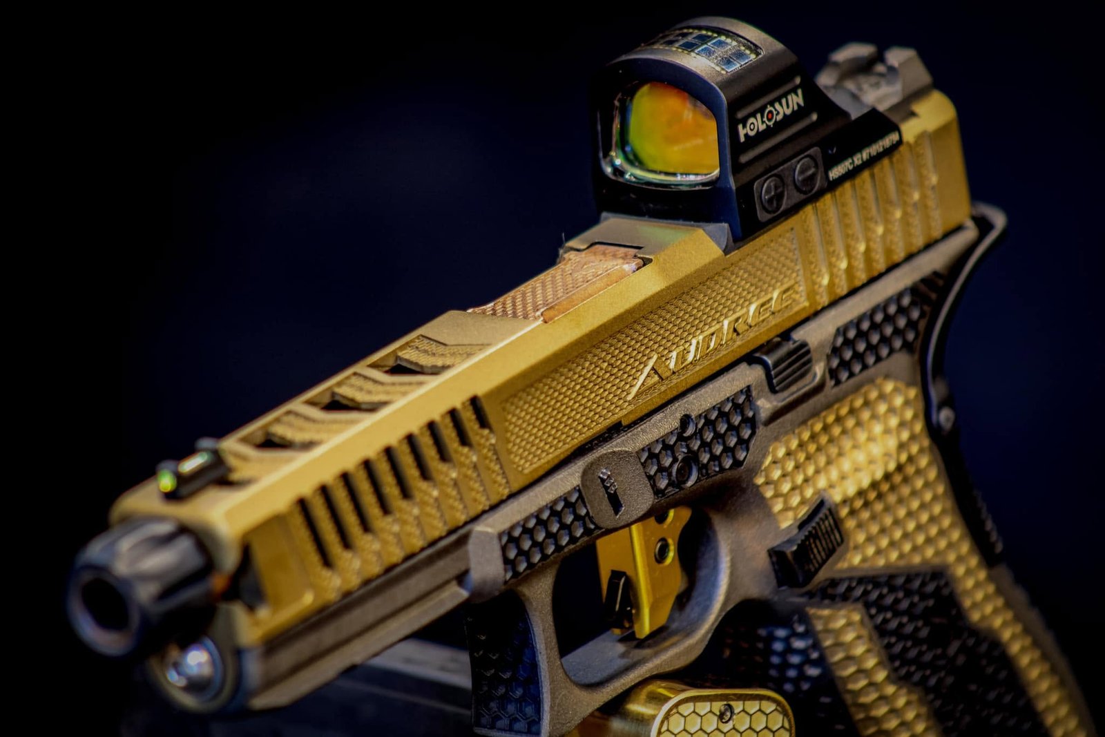 Detail view of a black and bronze signature package